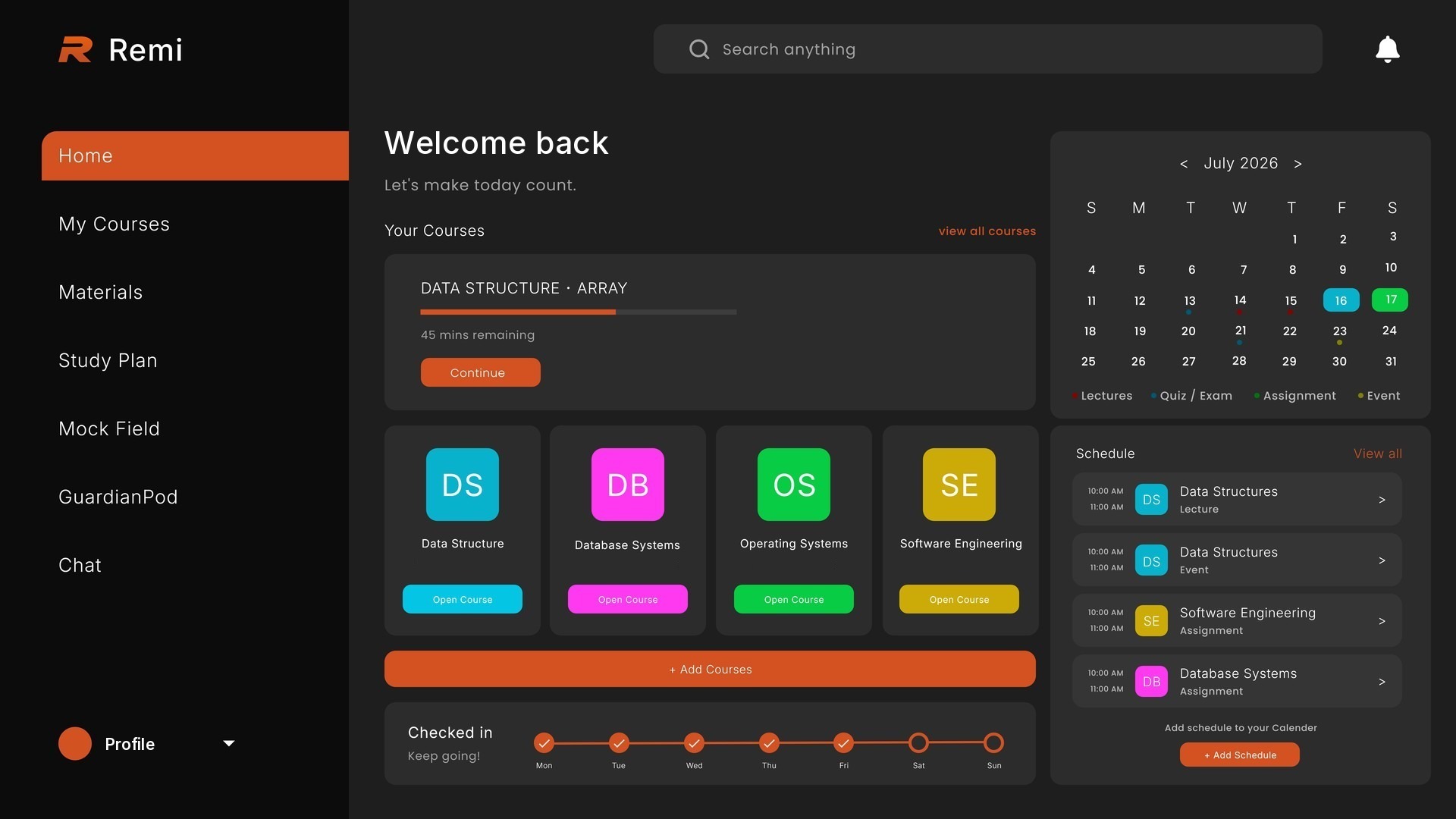 The Remi home screen, with courses, the calendar and the day's schedule
