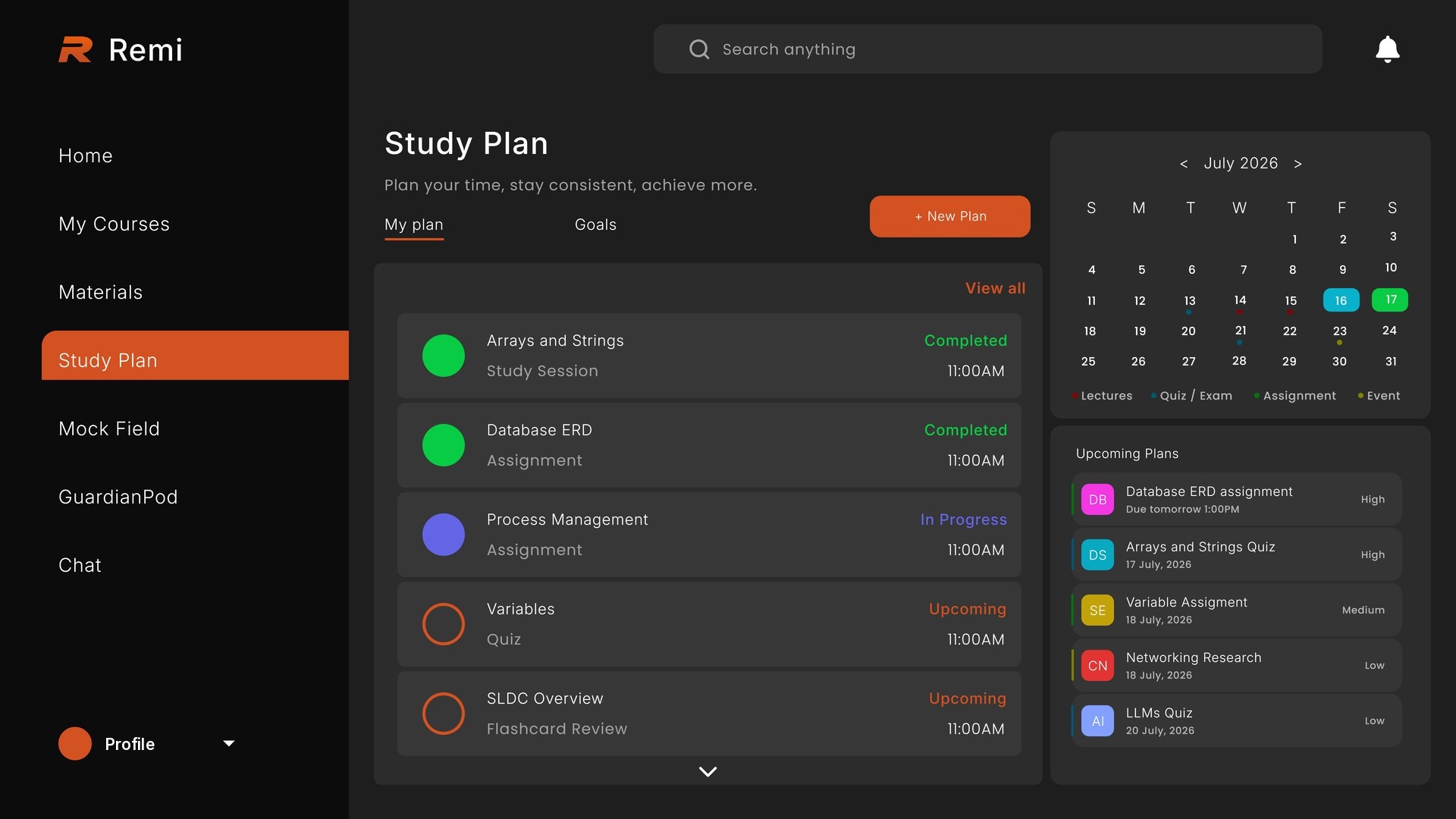The Study Plan, with every deadline from the syllabus in order