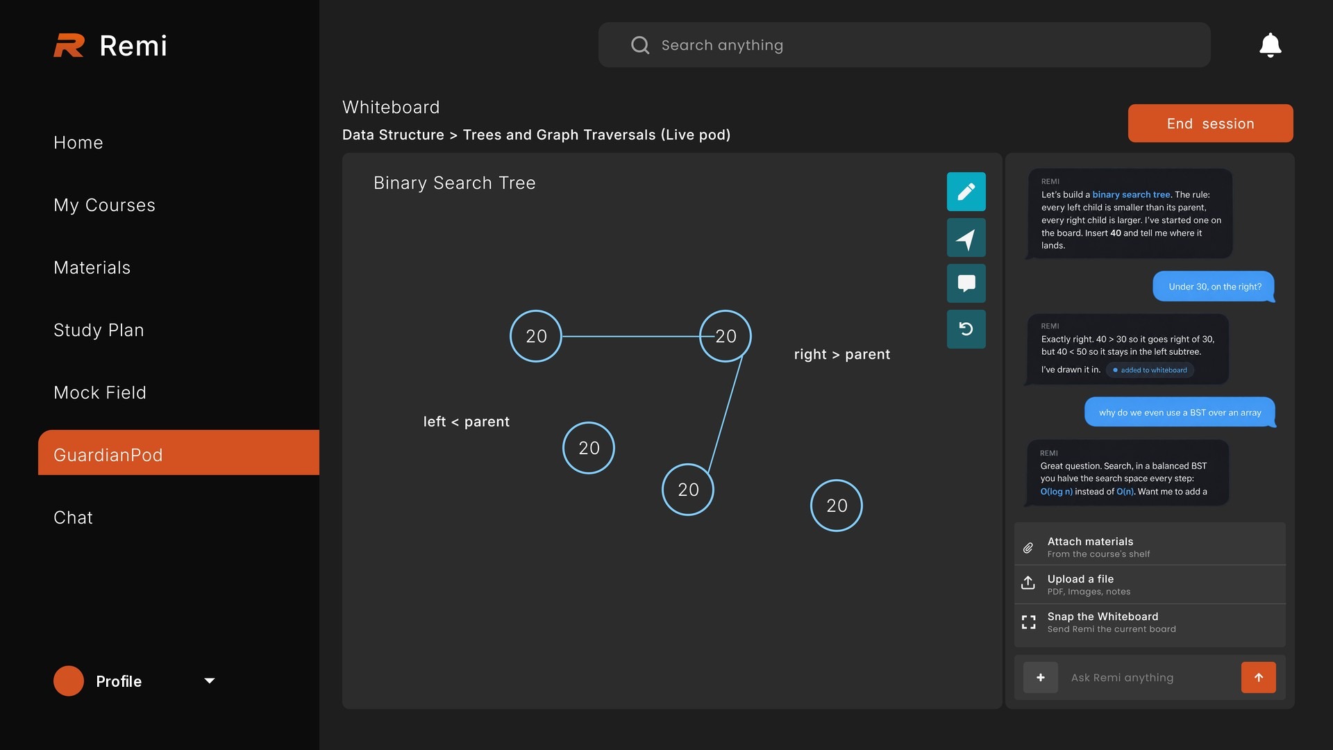A pod working through a binary search tree on the whiteboard
